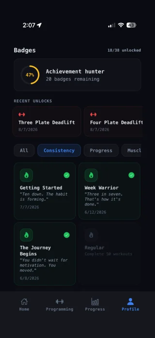 The Badges screen with recent unlocks and progress toward the next badge