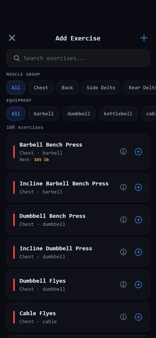 The Add Exercise picker with search and muscle and equipment filters
