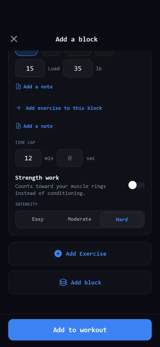 An AMRAP block’s settings: a 12 minute time cap, Strength work, and intensity