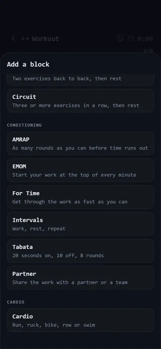 The Add a block sheet scrolled to Conditioning and Cardio