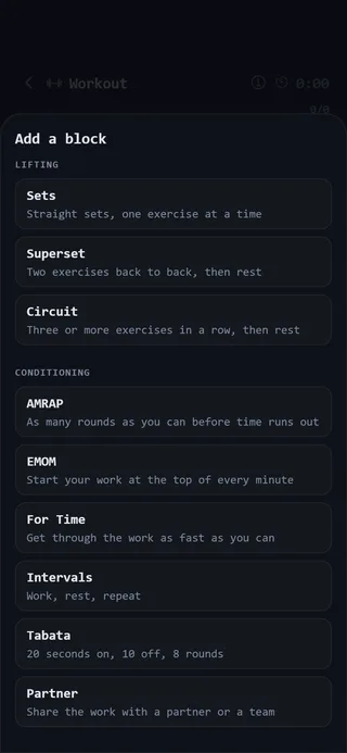 The Add a block sheet, with Lifting and Conditioning formats