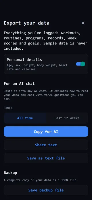 The Export your data screen: personal details, copy for an AI chat, and a backup file
