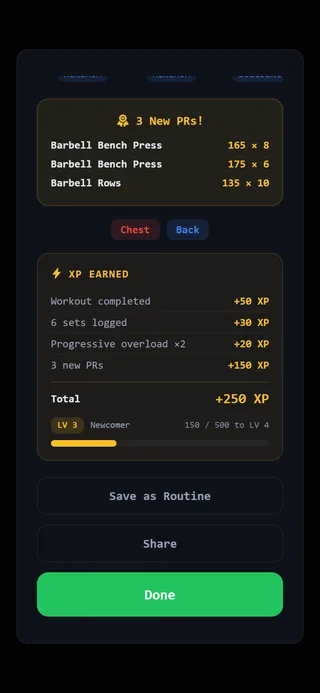 The workout summary: new PRs, the XP you earned, and Save as Routine