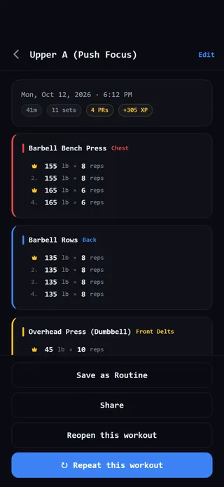 A past workout with Reopen this workout and Repeat this workout