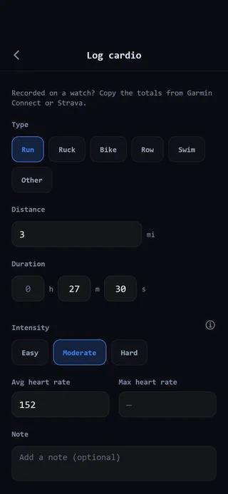 The Log cardio form with Run selected, 3 miles in 27:30, moderate intensity