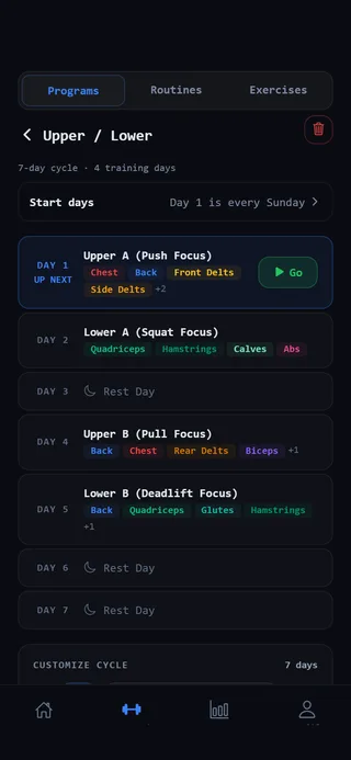 An Upper / Lower program: each day has a routine or is a rest day