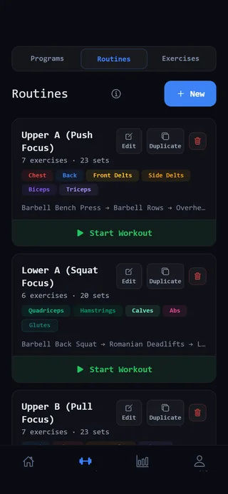Routines on the Programming tab, each with Edit, Duplicate and Start Workout