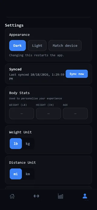 Settings, Appearance: Dark, Light and Match