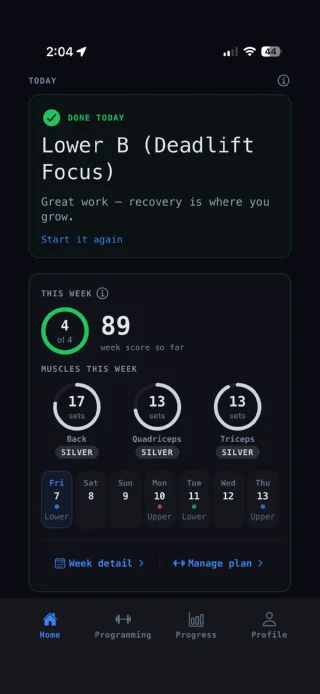 The Home screen: today's workout done, a week score of 89, and rings for the muscles trained this week