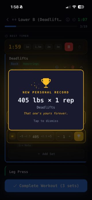 A new personal record celebration on the workout screen