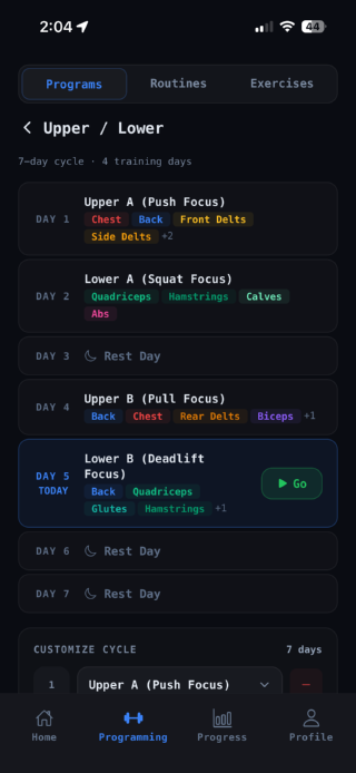 A weekly training program with a training day highlighted