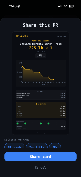 A shareable card summarising a personal record