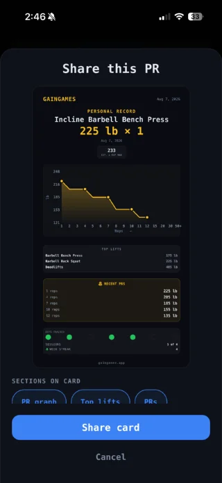 A shareable card summarising a personal record, with a strength curve and top lifts