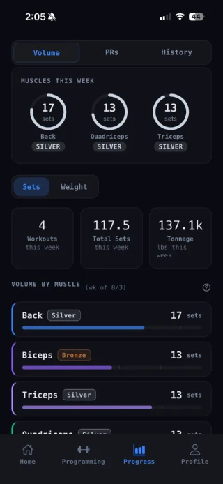 Weekly training volume per muscle: rings for back, quadriceps and triceps, and sets per muscle this week