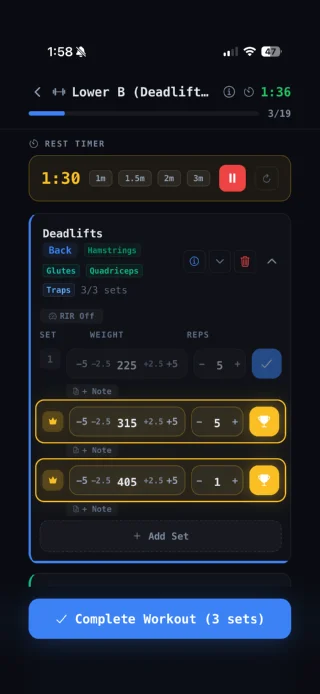 A workout in progress: deadlift sets with weight and reps, a rest timer at the top, and completed sets marked in gold